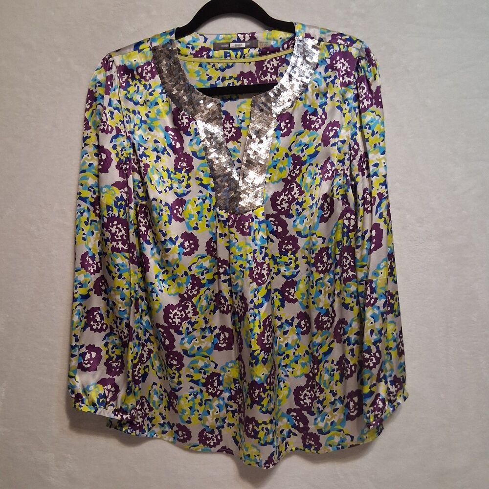 Boden Limited Edition 6 Top 100% Silk Satin Sequin Trim Purple Yellow Floral